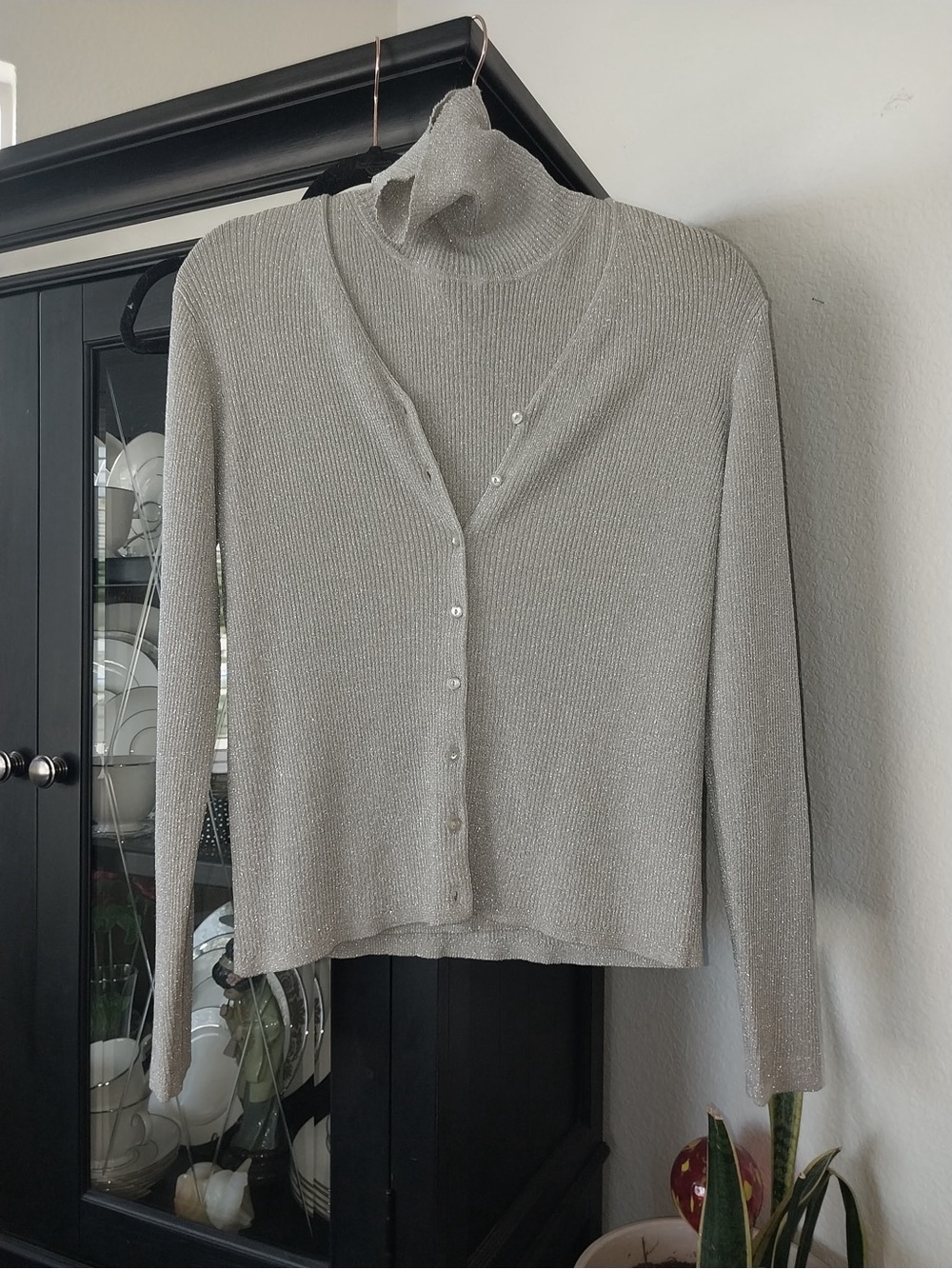 august silk Metallic Silver Two-Piece Knit Set with Turtleneck and Cardigan